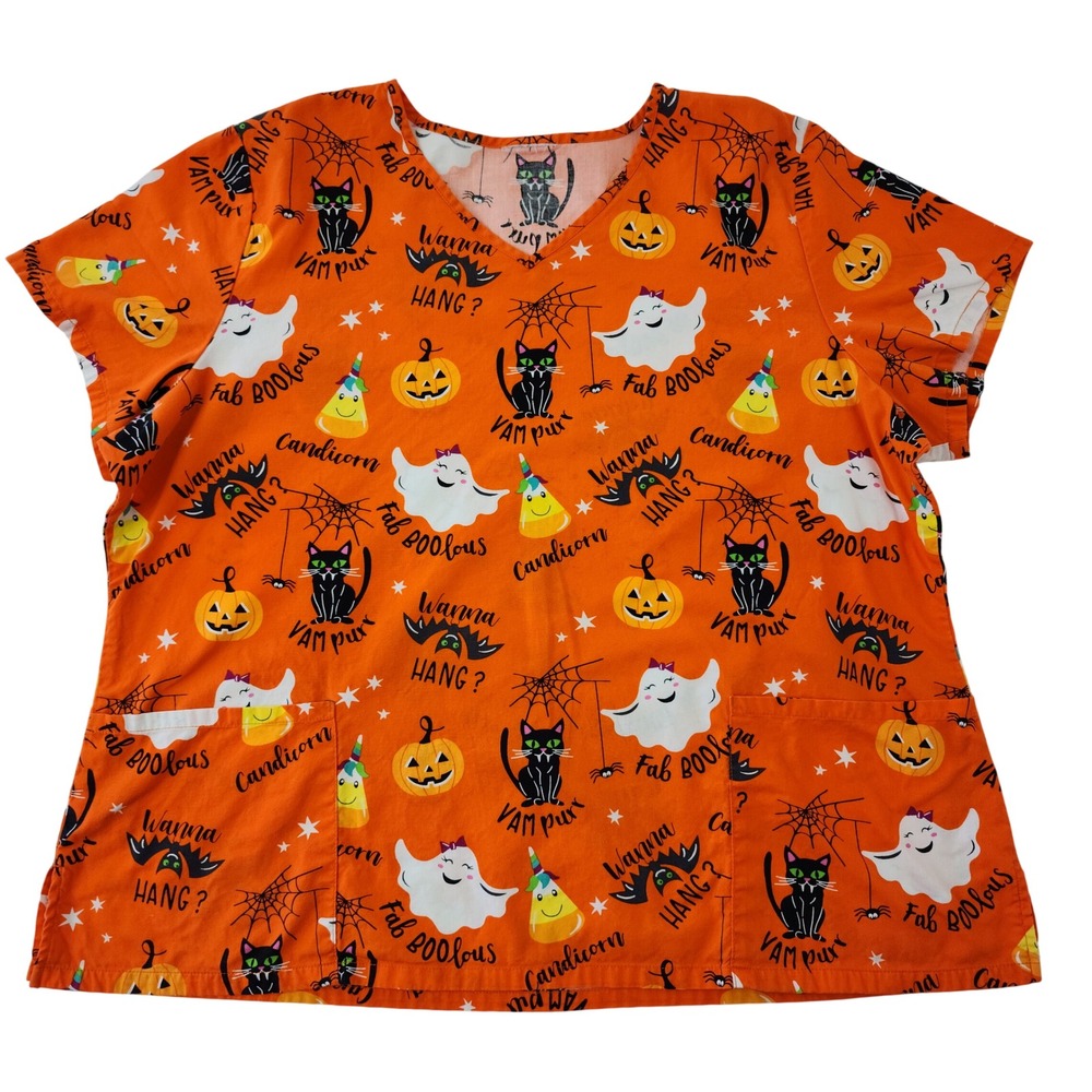 Halloween Scrub Top Orange Black Cat Ghost Pumpkin V-Neck Medical Uniform XL